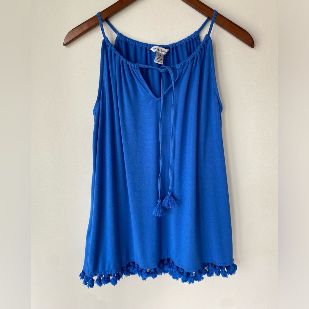Tommy Bahama Royal Blue jersey knit tank top tunic cover up tie-front tassels S